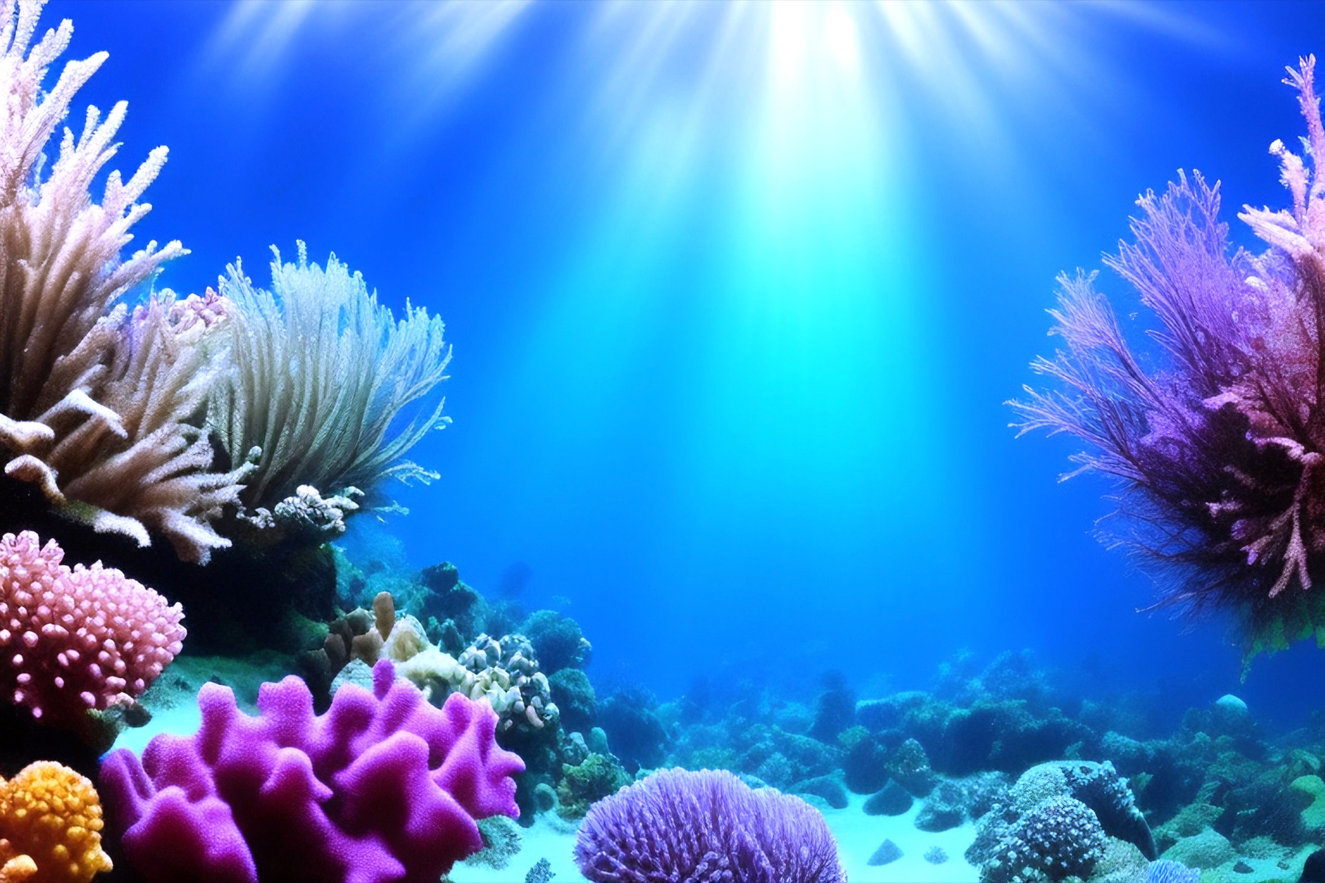 Sunlit coral reef teeming with fish